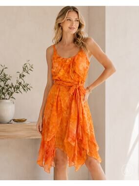 Carmen Marc Valvo Silk Dress Sz 12 Orange Watercolor Handkerchief Hem cocktail